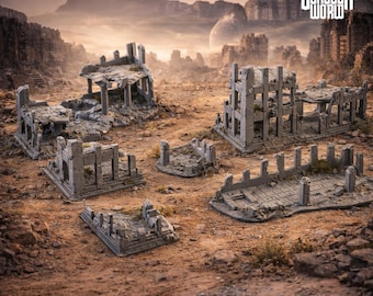 Terreno modular de ruinas urbanas para juegos de mesa, campos de batalla de rol y juegos de guerra urbanos.