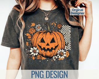 Boho Floral Halloween Pumpkin PNG, Retro Fall Design (Digital Download)