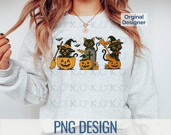 Retro Halloween Cat Pumpkin PNG Design (Digital Download)