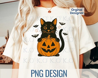 Retro Halloween Cat PNG, Spooky Pumpkin Design (Digital Download)
