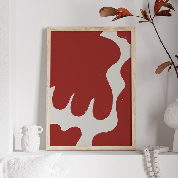 Arte de pared imprimible de trazos de pincel rojo, impresión de arte abstracto rojo, arte de pared moderno colorido de mediados de siglo, decoración del hogar Boho, arte de pared colorido