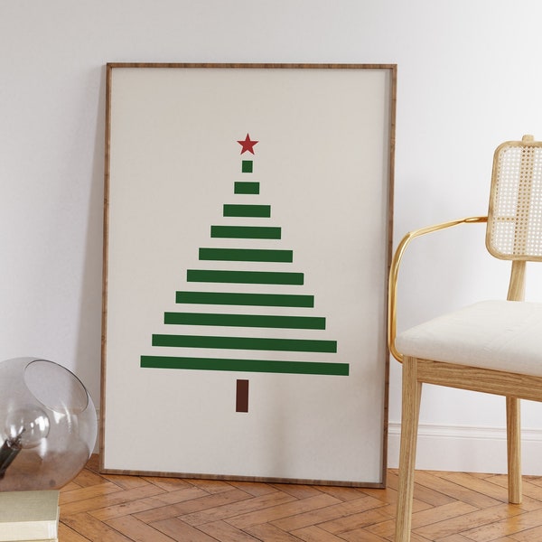 Minimal Christmas Tree Wall Art, Geometric Christmas Tree Printable Wall Art, Modern Christmas Tree Drawing, Green Lines Christmas Tree Art