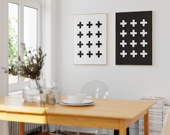 Set of 2 Black and White Plus Pattern Printable Wall Art, Plus Sign Scandinavian Wall Decor, Aesthetic Art Print, Simple Scandi Decoration