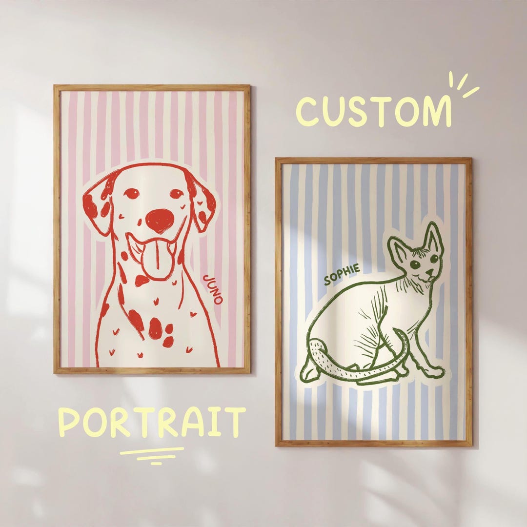 Custom Pet Portrait Art Print, Hand Drawn Personalized Cat Dog ...