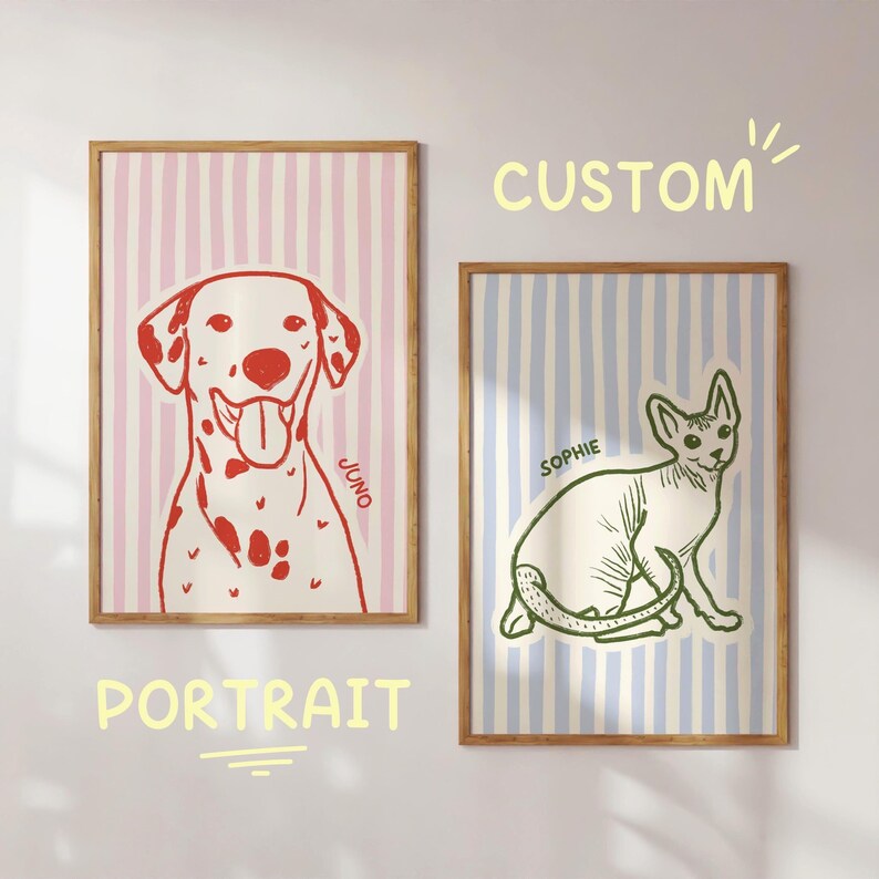 Custom Pet Portrait Art Print, Hand Drawn Personalized Cat Dog ...
