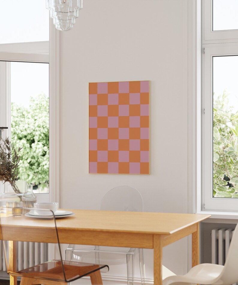 Lilac Orange Checkerboard Preppy Wall Art, Purple Checkered Retro ...