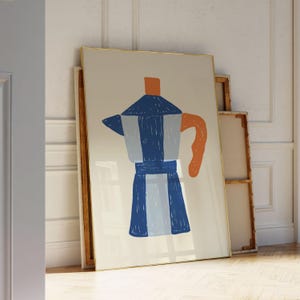 Impresión artística de cafetera moka dibujada a mano, arte de pared imprimible con una alegre cafetera, decoración de pared para amantes del café, decoración de cocina azul, póster para amantes del espresso