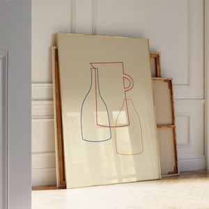 Abstrakte Flaschen Kunstdruck, gemütliche Stillleben druckbare Wandkunst, neutrale Küche Wanddekor minimalistische One Line Zeichnung, moderne Flasche Poster