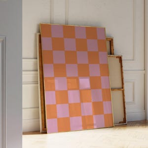 Lila Orange Schachbrettmuster Wandkunst, lila karierte Retro Pastellfarben druckbare Wandkunst, ausgefallenes Schachbrettmuster modernes adrettes Raumdekor