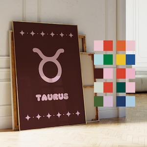 Impression d'art personnalisée signe du zodiaque, art mural horoscope personnalisé, affiche d'astrologie personnalisable colorée avec icônes, cadeau unique et significatif