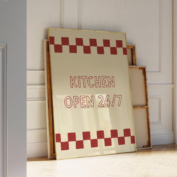 Kitchen Open 24/7 - Kitchen Quote Art Print, Retro Diner Printable Wall Art, Playful Vintage Wall Decor, Red Handdrawn Checkered Poster