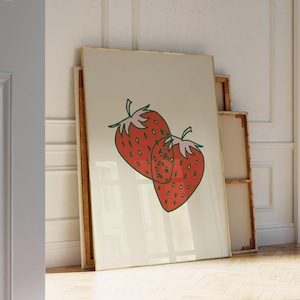 Cute Red Strawberries Art Print, Kawaii Printable Wall Art, Fresh Strawberry Wall Decor, Fruit Home Decor, Strawberry Illustration Poster
