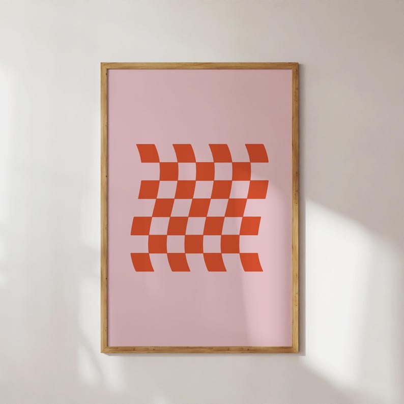 Preppy Checkards Pink Funky Checkered Wall Art, Preppy Retro Checked Printable Wall Art ...