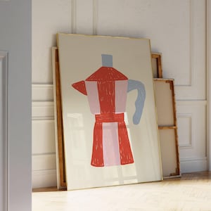 Handgezeichnete Moka Kanne Kunstdruck, freudige Kaffeemaschine druckbare Wandkunst, Kaffee Liebhaber Wanddekoration, Küche Wohndekoration, Espresso Liebhaber Poster