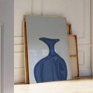 Arte de pared imprimible con jarrón azul, decoración de pared bohemia pintada a mano, dibujo de objeto contemporáneo índigo, arte de pared de cocina bohemio, impresión artística de naturaleza muerta