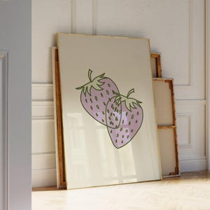 Lilac Strawberries Art Print, Cute Kawaii Printable Wall Art, Fresh Strawberry Wall Decal Fruit Home Decor, Purple Strawberry Cartoon Poster