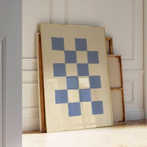 Baby Blau Cremige Handgezeichnete Karierte Wandkunst, Indigo Schachbrett Muster Kunstdrucke, Ölbürste Wohnkultur, Beige Kariertes Geschenk für Modernes Zuhause
