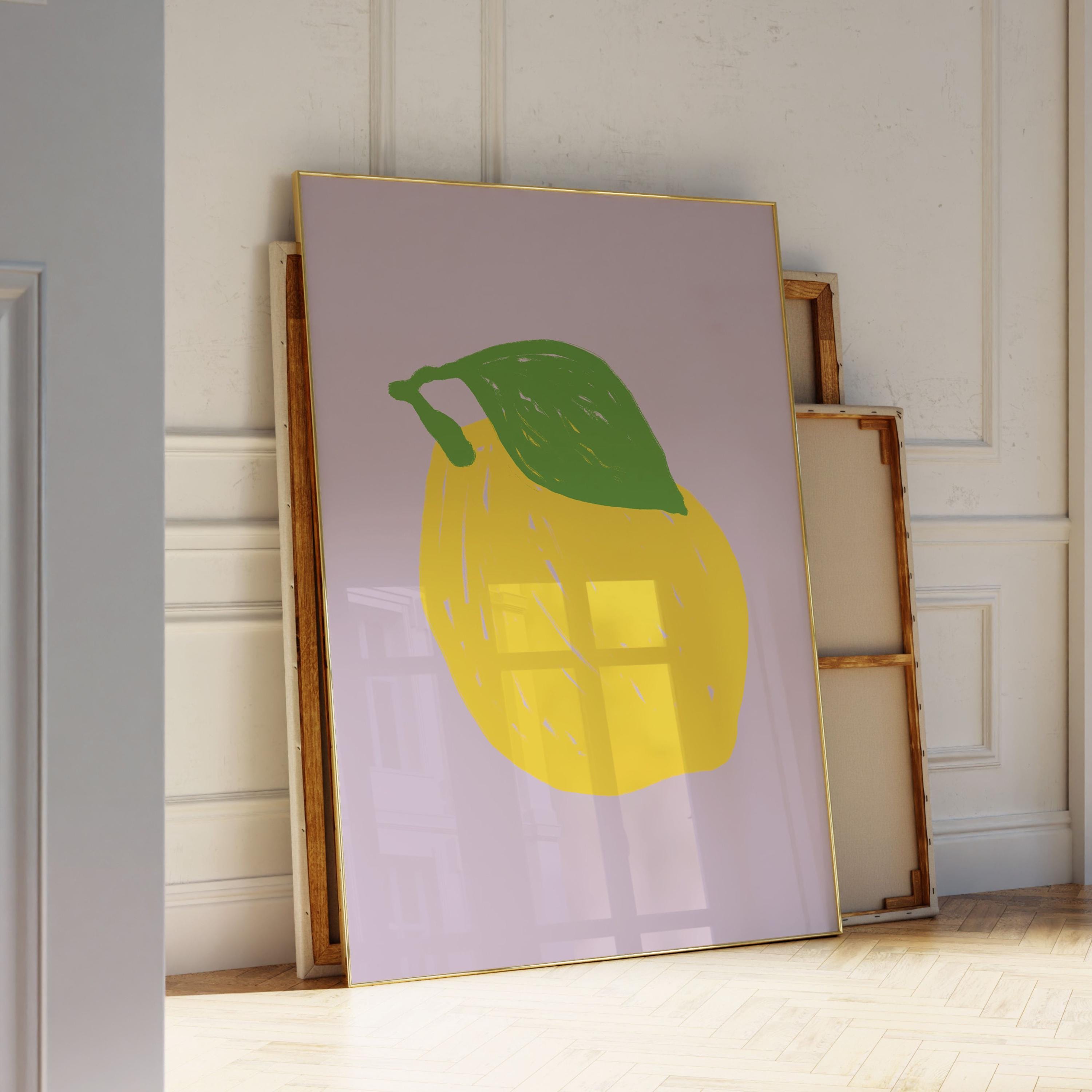 Handpainted Fresh Lemon Art Print, Refreshing Citrus Sketch, Kitchen Wall Art, Yellow Lilac Fruit Home Decor, Bright Mediterranean Poster