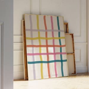 Puede incluir: Una pintura abstracta enmarcada con fondo blanco y rayas de colores en tonos rosa, naranja, amarillo y azul.