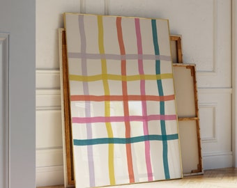 Pastel Checkered Art Print, Joyful Preppy Room Decor, Organic Lines Printable Wall Art, Handdrawn Checked Poster, Colorful Lined Art Prints
