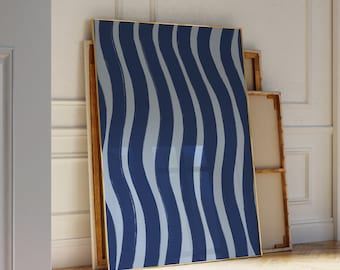 Dark Blue Brush Strokes Printable Wall Art, Handdrawn Stripes Funky Wall Decor, Organic Paint Strokes Wavy Line Art Print Preppy Wall Art