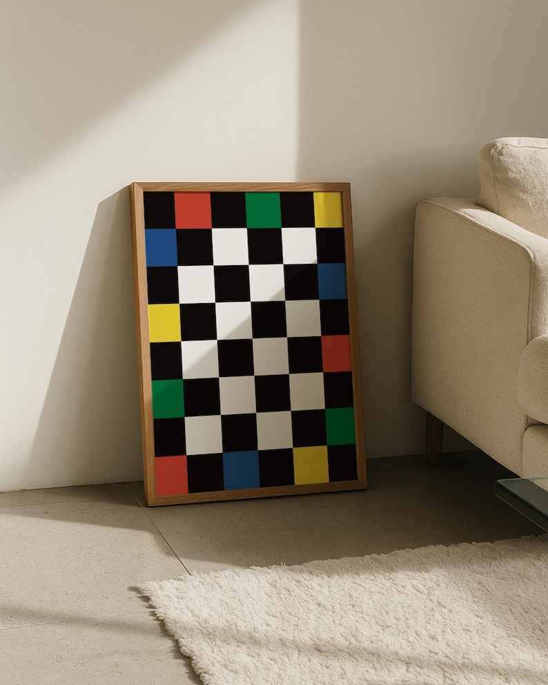 Retro Checkered Art Print, Vintage Colors Checkerboard Printable Wall ...
