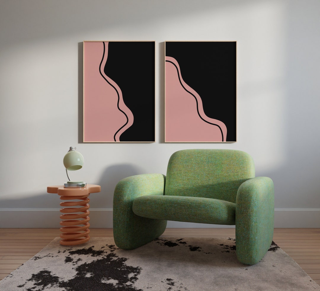 Black and Pink Abstract Wall Art Set of 2, Stylish Joyful Wall Art Pair, Playful Printable Wall
