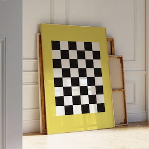 Yellow Retro Checkerboard Printable Wall Art, Black and White Checkered Art Print, Trendy Art Deco Poster, Funky Vintage Wall Decor