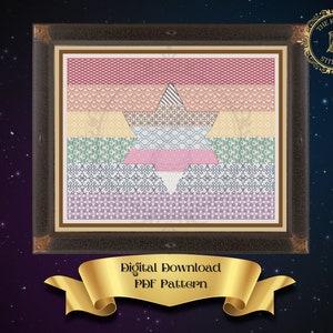 May include: A digital download PDF pattern for a cross stitch design featuring a rainbow-colored star of David. The design is framed in a brown wood frame and has the text "Digital Download PDF Pattern" on a gold ribbon.