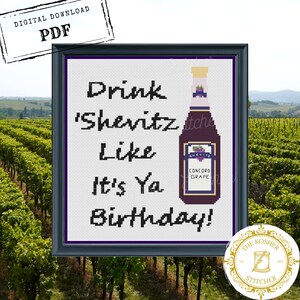 Drink Manishevitz Like It's Your Birthday, Digital Counted Cross Stitch Pattern, Judaica, Jewish, Funny
