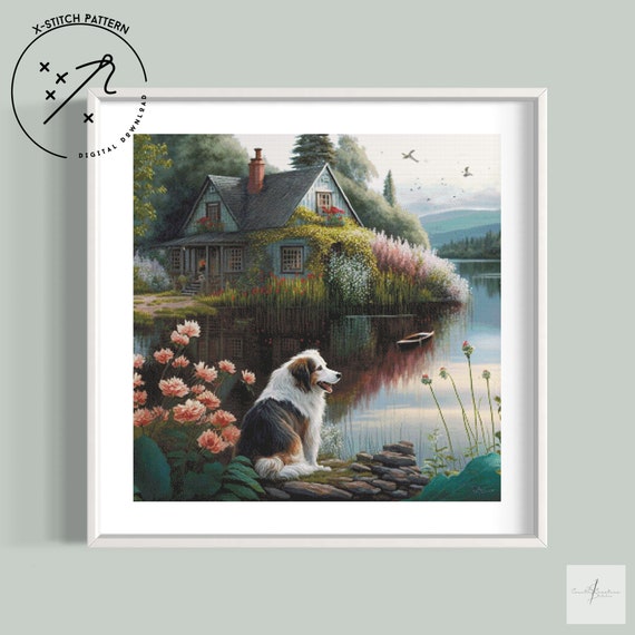 Pretty Lake House Counted Cross Stitch Pattern, Full Cover X Stitch, Downloadable Cross Stitch Chart, Square X-Stitch Pattern, PDF, DMC