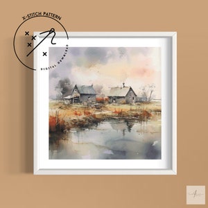 Watercolour Landscape Cross Stitch Pattern, Full Coverage X Stitch, Downloadable Cross Stitch Chart, PDF, DMC, Landscape