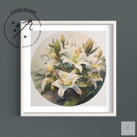 Lilies Counted Cross Stitch Pattern, Full Cover X Stitch, Downloadable Cross Stitch Chart, Round X-Stitch Pattern, DMC, PDF