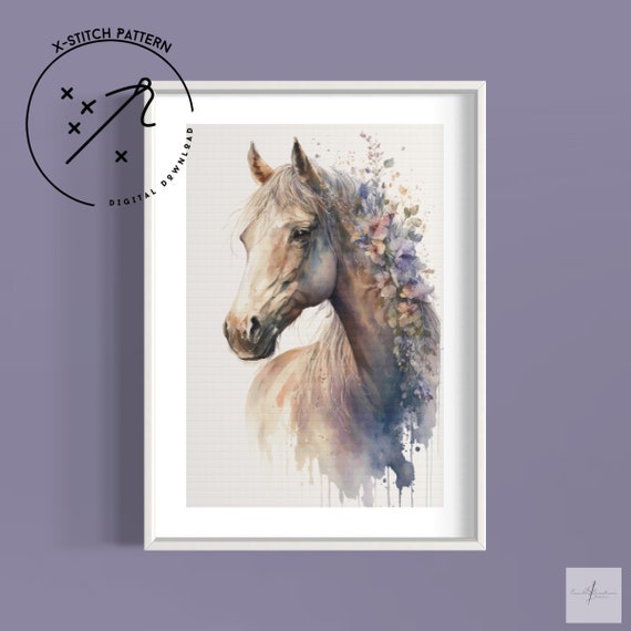 Watercolour Horse, Counted Cross Stitch Pattern, Full Coverage X Stitch, Downloadable Cross Stitch Chart, PDF, Large Full Cover Cross Stitch