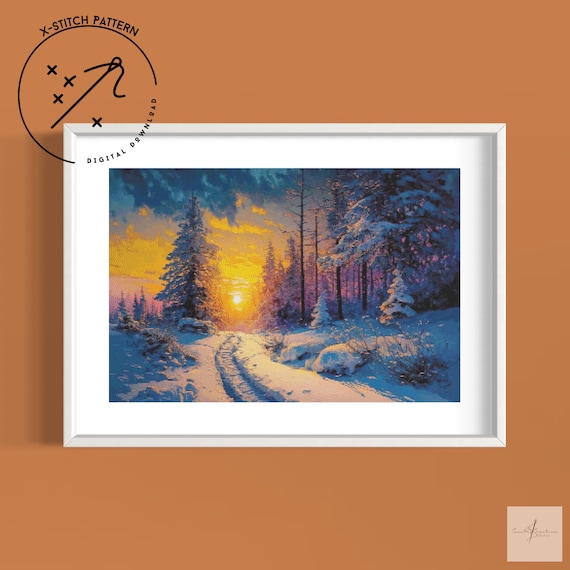 Winter Sunset Counted Cross Stitch Pattern, Full Coverage X Stitch, Downloadable Cross Stitch Chart, PDF, DMC, Landscape