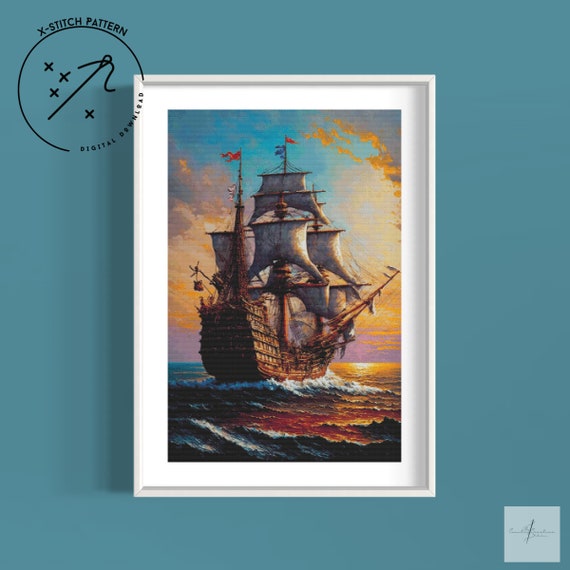 Spanish Galleon Counted X Stitch Pattern, Ship, Full Coverage Cross Stitch, Downloadable Cross Stitch Chart, DMC, PDF