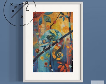 Abstract Chameleon Counted Cross Stitch Pattern, Downloadable DMC Cross Stitch Chart, Colourful X-Stitch Pattern, PDF, DMC