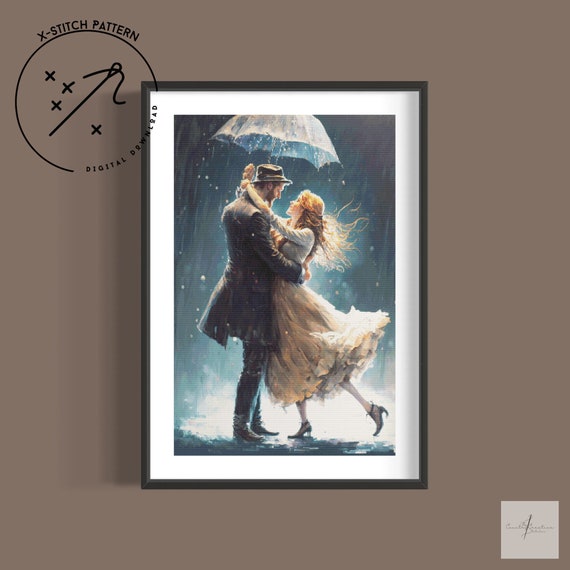 Dancing in the Rain Counted Cross Stitch Pattern, Full Cover X Stitch, Downloadable Cross Stitch Chart, Large X-Stitch Pattern, DMC, PDF