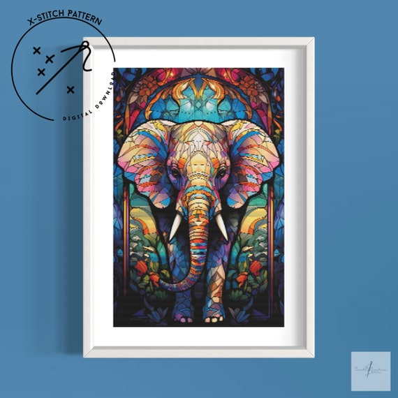 Stained Glass Elephant, Counted Cross Stitch Pattern, Full Coverage X Stitch, Downloadable Chart, PDF, Large Full Cover Cross Stitch