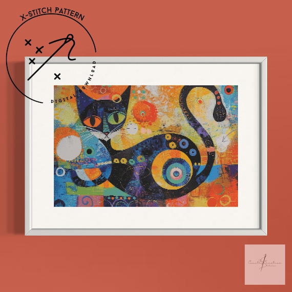 Abstract Cat Counted Cross Stitch Pattern, Downloadable DMC Cross Stitch Chart, Funny X-Stitch Pattern, PDF, DMC