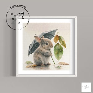 Rain Bunny geteld kruissteekpatroon, aquarel volledige dekking, downloadbare DMC-kruissteekkaart, schattig X-Stitch pdf-patroon