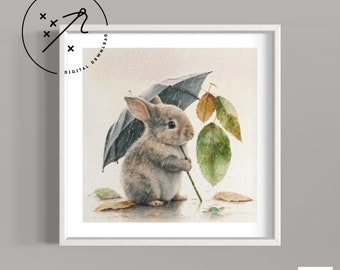 Rain Bunny Counted Cross Stitch Pattern, Watercolour Full Cover, Downloadable DMC Cross Stitch Chart, Cute X-Stitch PDF Pattern