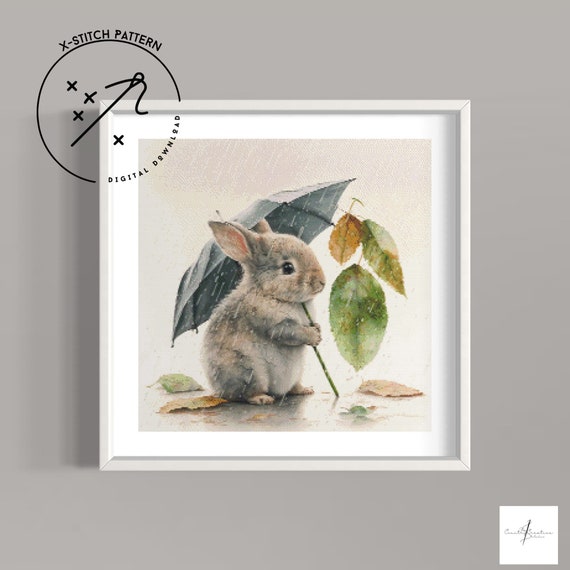 Rain Bunny Counted Cross Stitch Pattern, Watercolour Full Cover, Downloadable DMC Cross Stitch Chart, Cute X-Stitch PDF Pattern