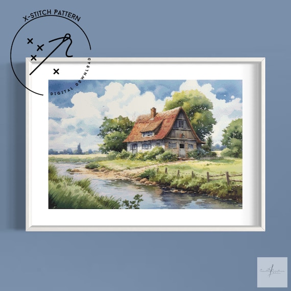Dutch Cottage Cross Stitch Pattern, Full Coverage X Stitch, Downloadable Cross Stitch Chart, PDF, DMC, Landscape