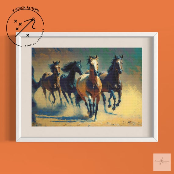 Herd of Horses Counted Cross Stitch Pattern, Downloadable DMC Cross Stitch Chart, Animal X-Stitch Pattern, PDF, DMC