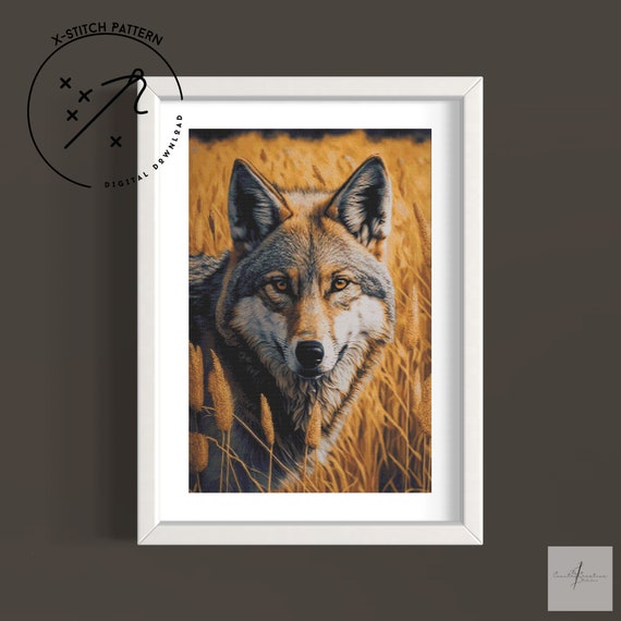 Golden Wolf Counted Cross Stitch Pattern, Downloadable DMC Cross Stitch Chart, Animal X-Stitch Pattern, PDF, DMC