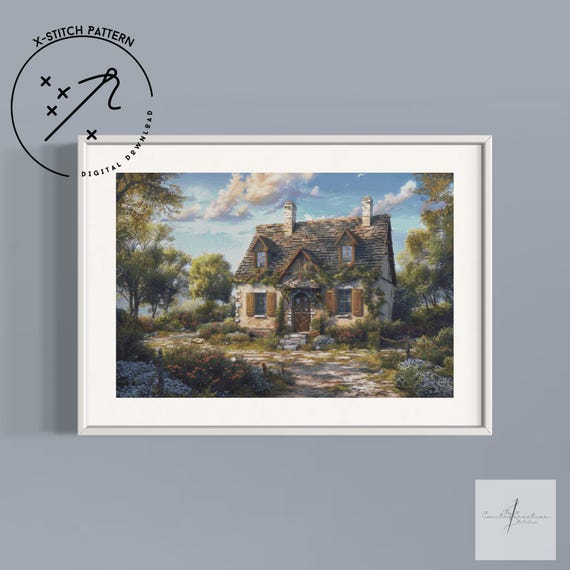 French Cottage Counted Cross Stitch Pattern, Downloadable DMC Cross Stitch Chart, Landscape X-Stitch Pattern, PDF, DMC