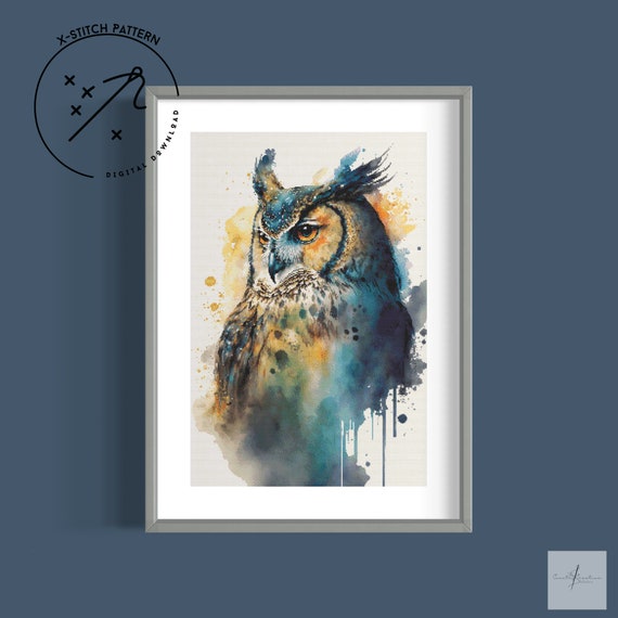 Wise Watercolour Owl, Counted Cross Stitch Pattern, Modern X Stitch, Downloadable Cross Stitch Chart, PDF, Large Full Cover Cross Stitch