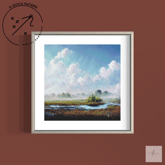 Marsh Landscape Counted Cross Stitch Pattern, Full Cover X Stitch, Downloadable Cross Stitch Chart, Intricate X-Stitch Pattern