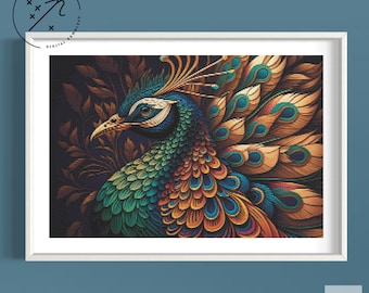 Abstract Peacock Cross Stitch Pattern, Full Cover X Stitch, Downloadable Cross Stitch Chart, PDF, DMC X-Stitch Pattern